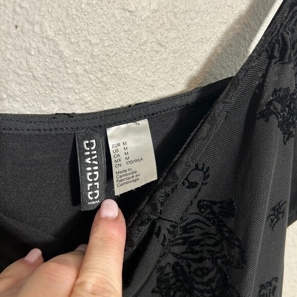 H&M Divided Mesh Mini Dress M Black Velvet Tiger Spaghetti Strap Whimsigoth alt - Picture 6 of 7